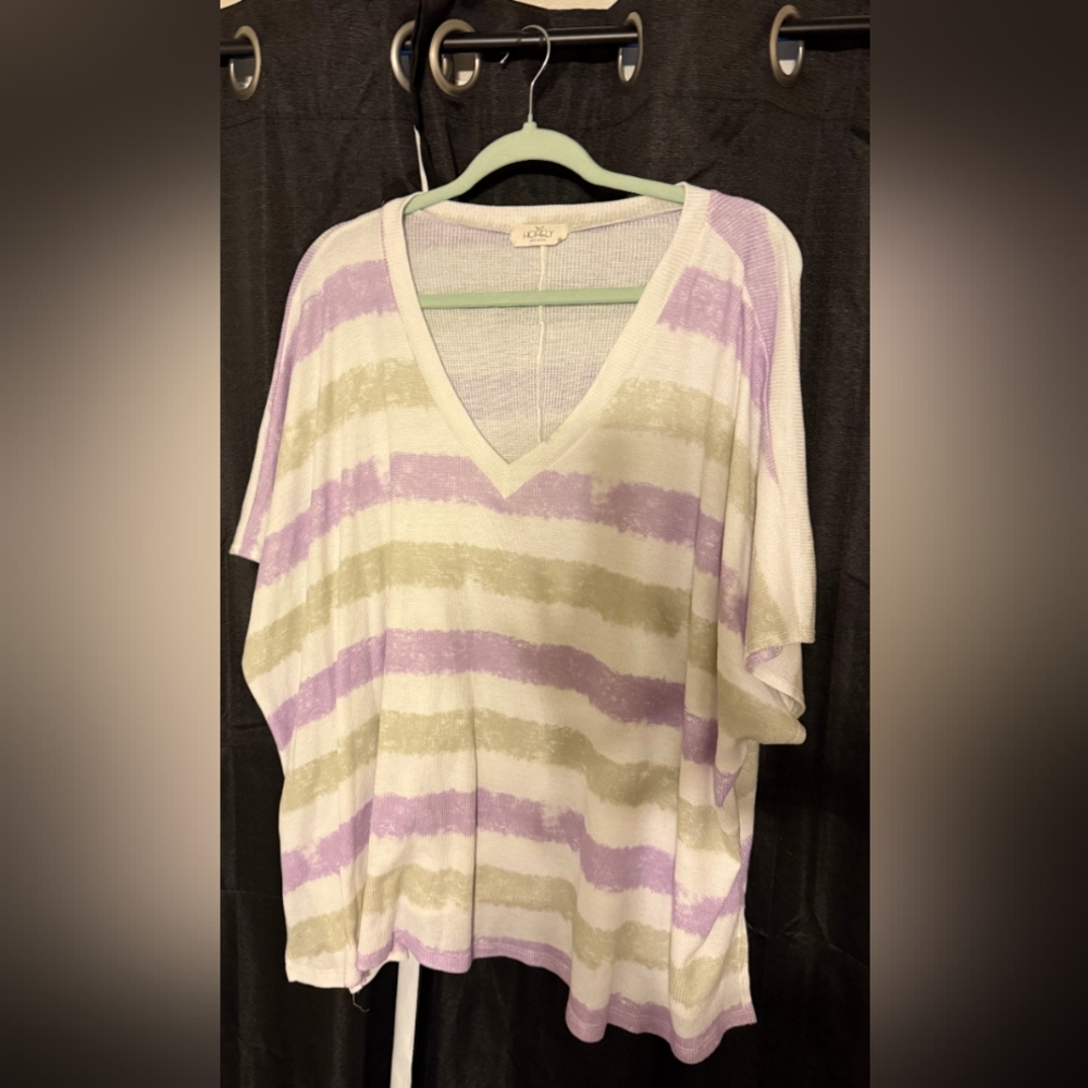 Striped V-Neck Top - Purple and Green